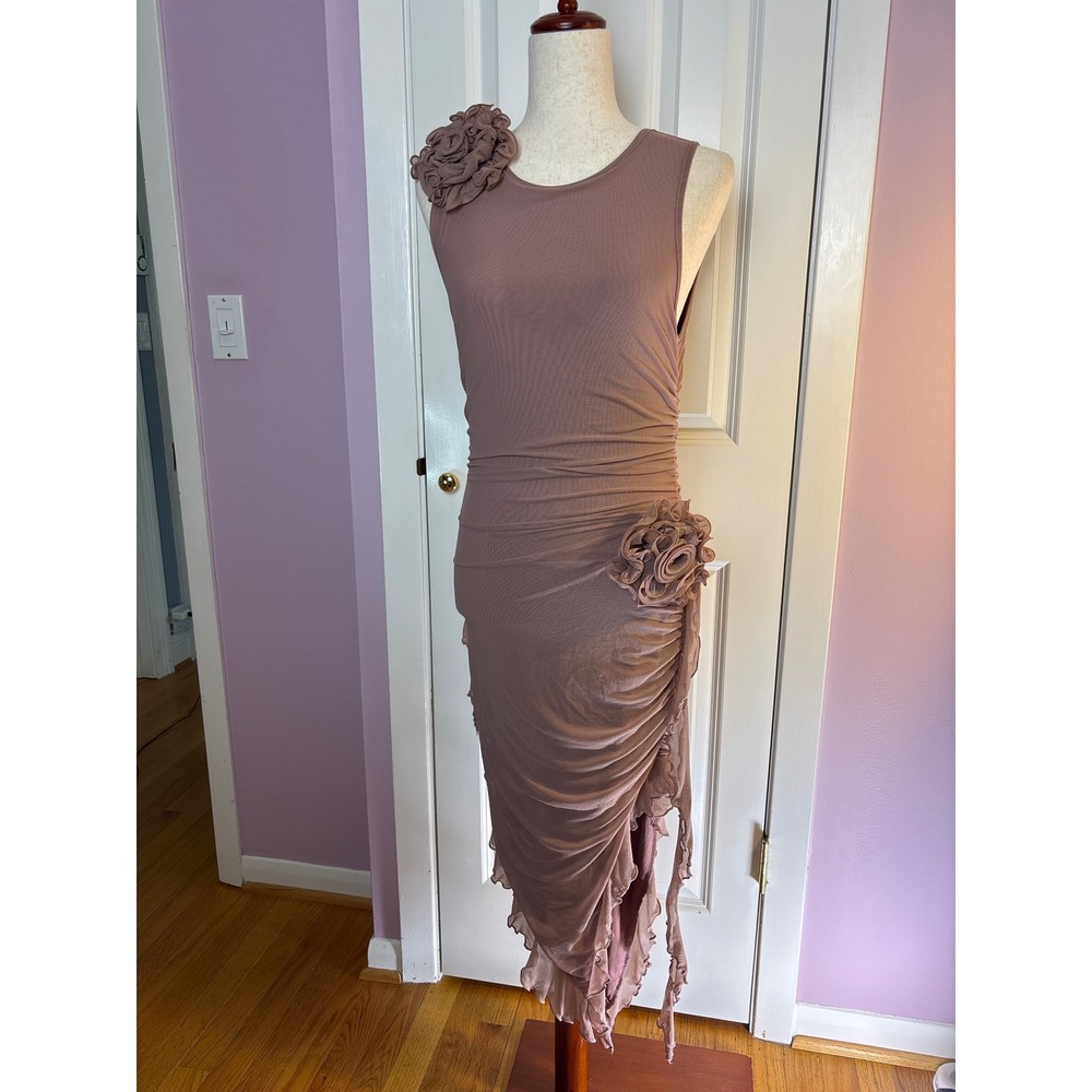 SHEIN MOD Mauve Mesh Ruched Rosette Asymmetrical Ruffle Midi Dress Medium NWT